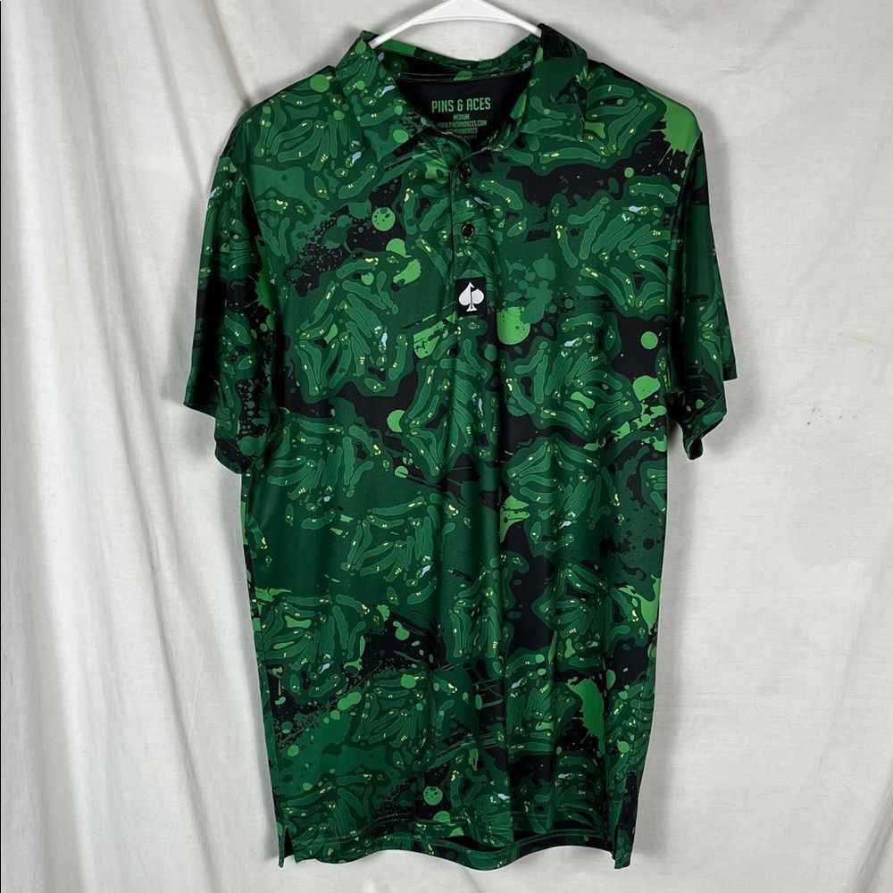 Pins & Aces Green and Black Fly Dri-Fit Performance Mountain Topo Golf Shirt